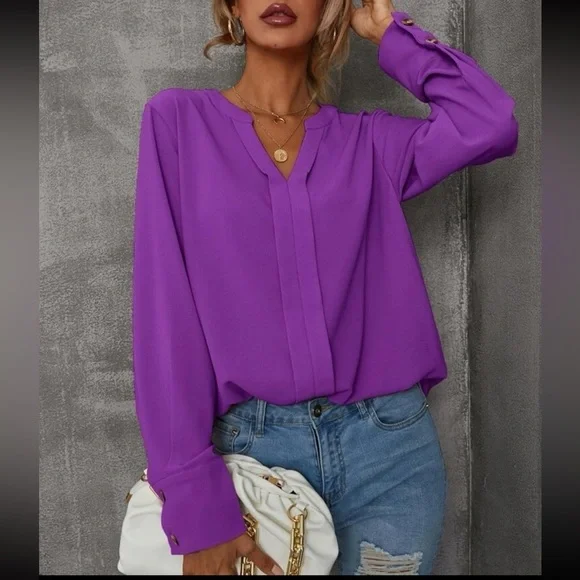 New v neck purple long sleeve blouse - Picture 2 of 6